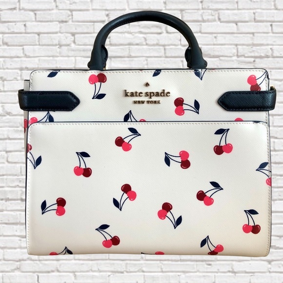 KATE SPADE • Staci Dancing Cherries Printed Leather Medium Convertible Satchel - Picture 2 of 7